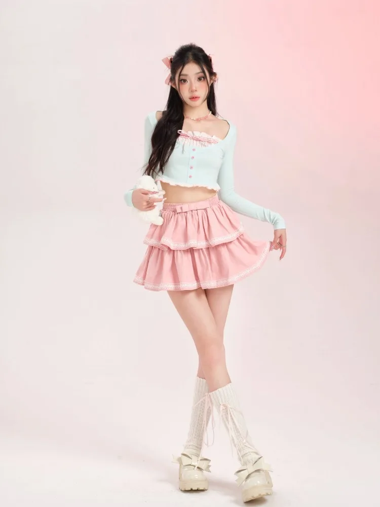 ADAgirl Pink Bow Mini Skirt Women Kawaii High Waist Ruffles A-line Skirts Women Y2k Sweet Girl Cutecore Lolita Skirt for Summer