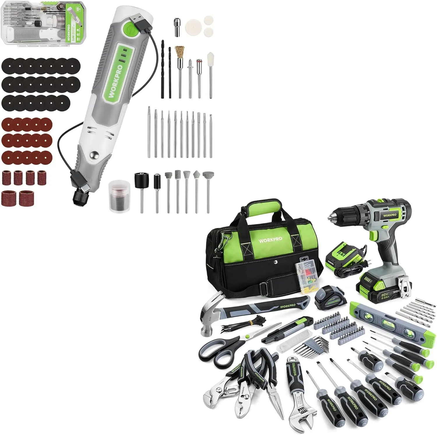 

Набор домашних инструментов из 157 предметов с электрической дрелью 20 В и аккумуляторным вращающимся набором инструментов с аксессуарами из 71 предметов - зеленый