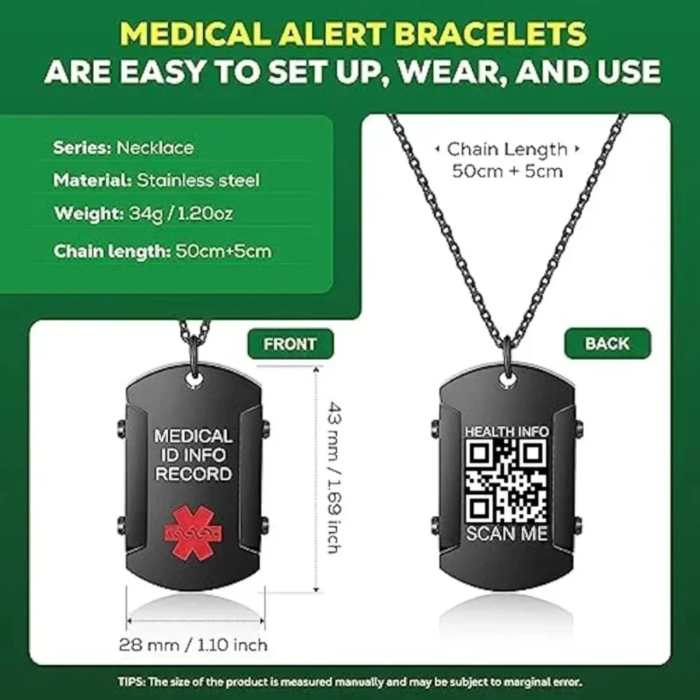 Stainless Steel Medical Warning ID NecklaceFashionMen's QR Code Emergency Rescue Pendant Father's Day Jewelry