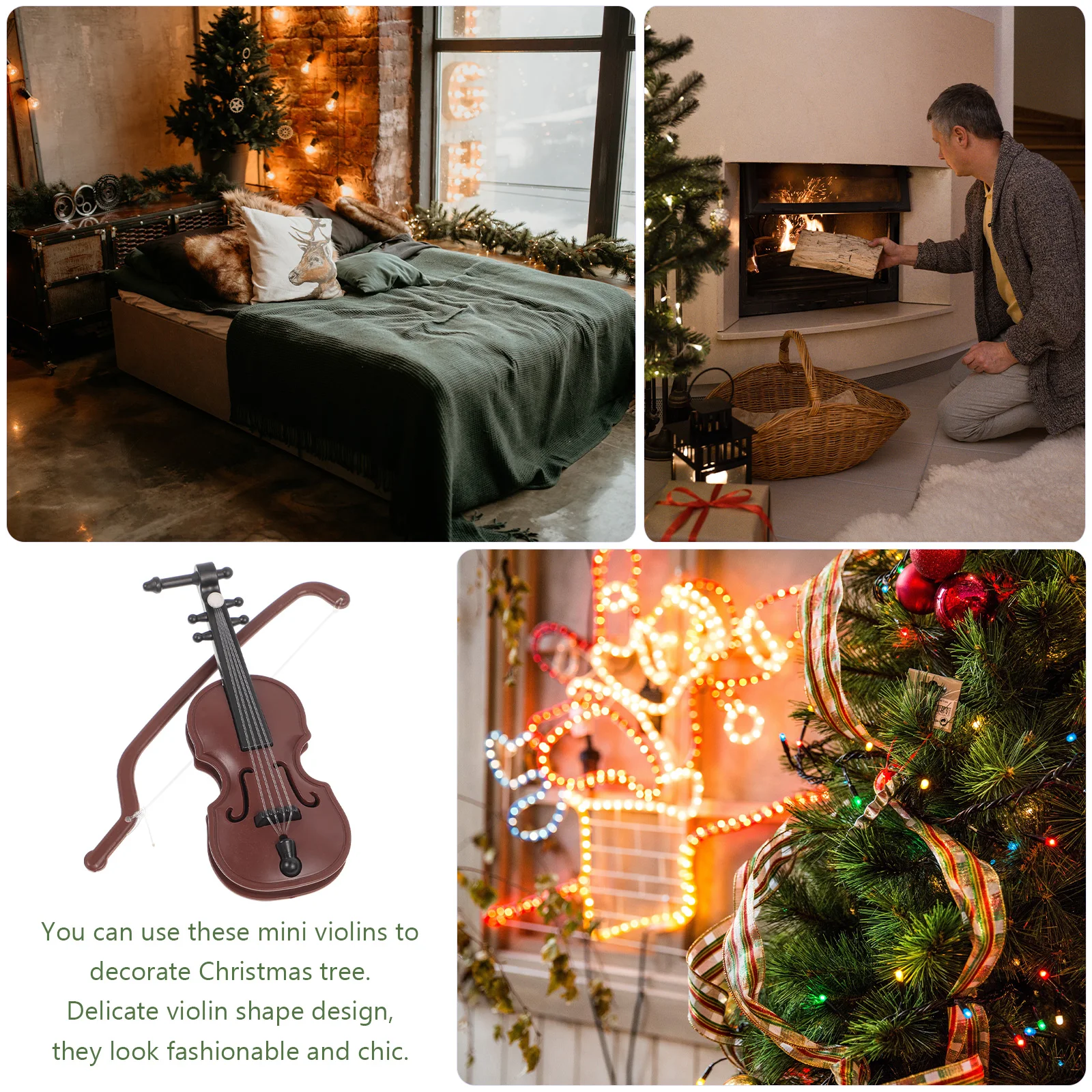 

20 set Mini Violin Desktop Decorations Christmas Tree Adornments Musical Instrument Crafts Wood Grain Design Kids Gift