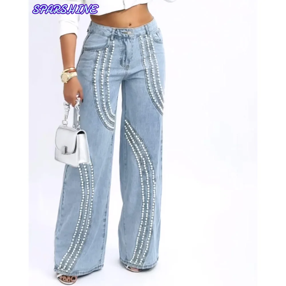 

High Waist Designed Irregular Nail bead straight leg jeans Y2K Streetwear Casual Fashion Tide New Womon's Denim Trousers