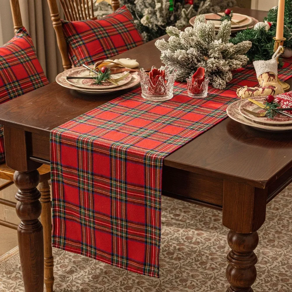 Household Plaid Pattern Christmas Table Runner Long Multiple Sizes Table Cover Polyester Cotton Scottish Tablecloth Restaurants