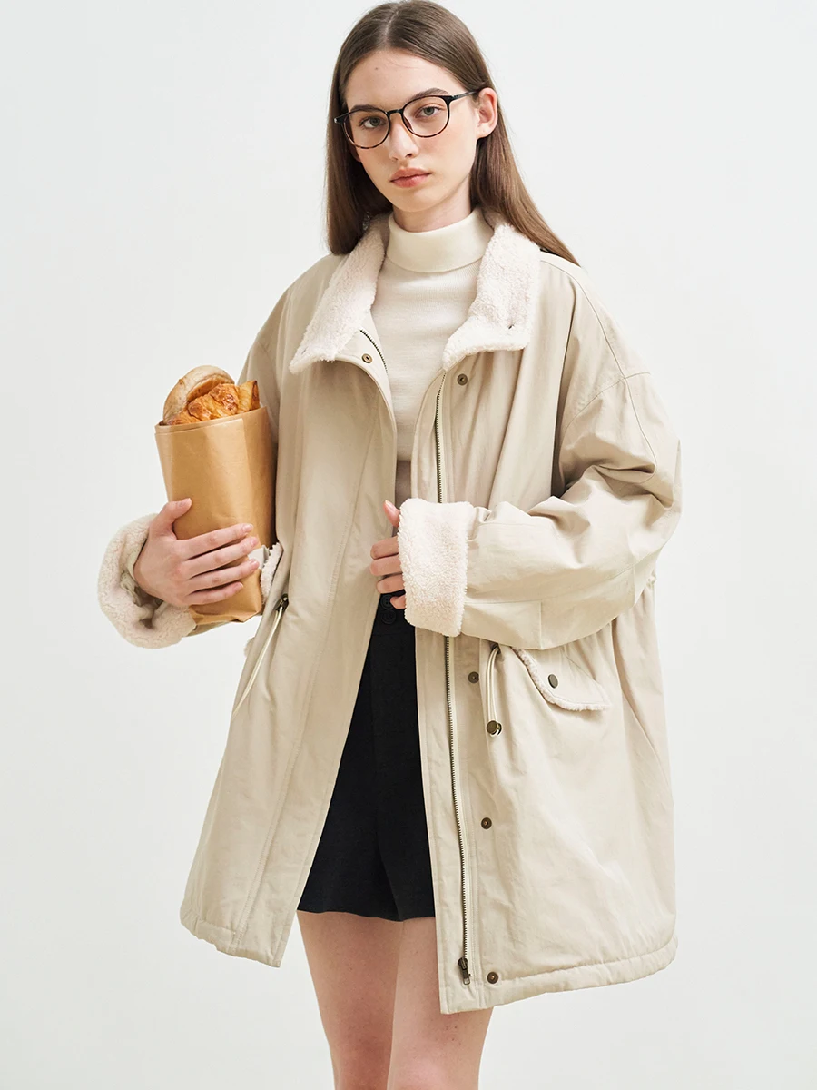 

Zimode Winter Cotton Jaet Women's New Warm Dstring Waist Slimming Mid-Length Casual Sle Pure Color Outerwear Coat