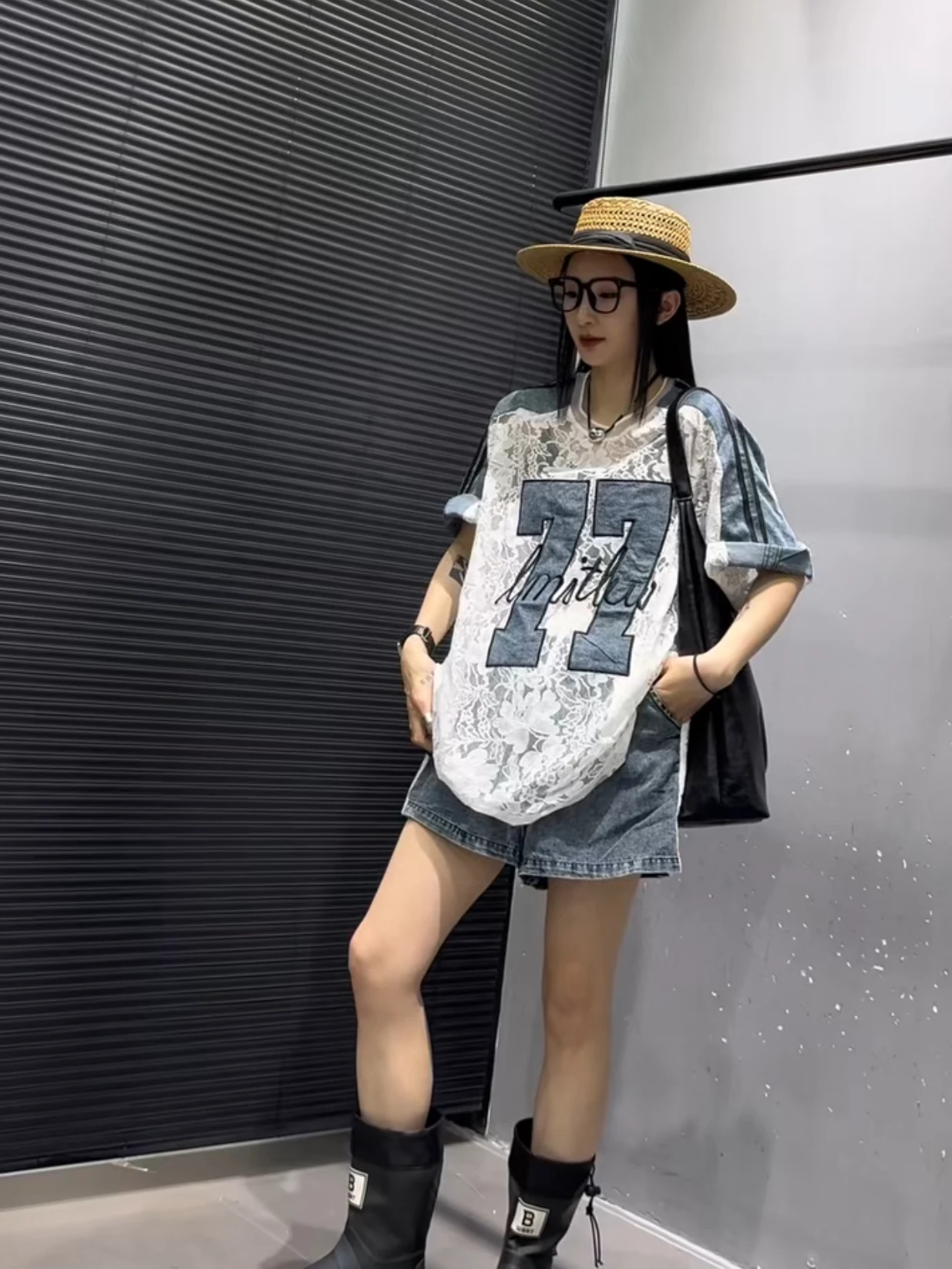 

Trendy Lace Splicing Denim Letter Print Ombre Color Block Elastic Waist Shorts Women's Set Casual Cotton Pants Summer