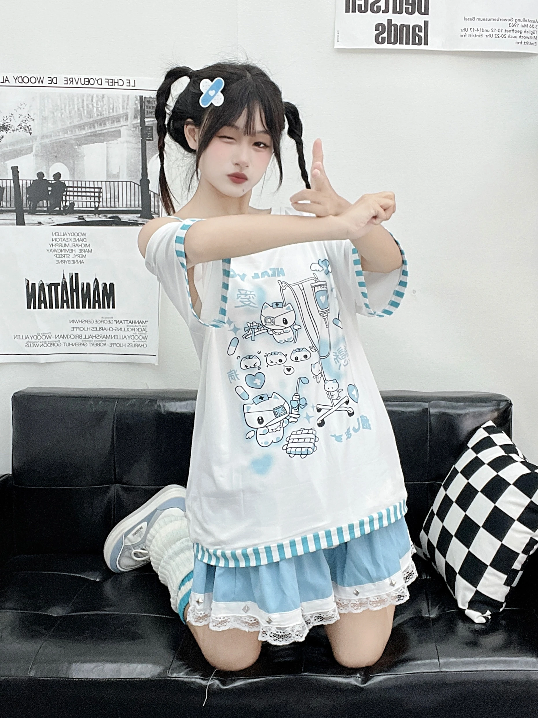 Gothic Woman Clothing Y2k Harajuku T-shirts Japanese Female Clothing Patchwork Kawaii Sweet Cartoon Print stripe y2k Clothes Top