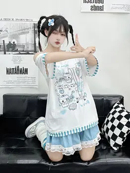 哥德風女裝 Y2k 原宿風 T 卹 日系女裝 拼接可愛甜美卡通印花條紋 Y2K 上衣 10 最佳銷售 暗黑可愛風服裝 - №9