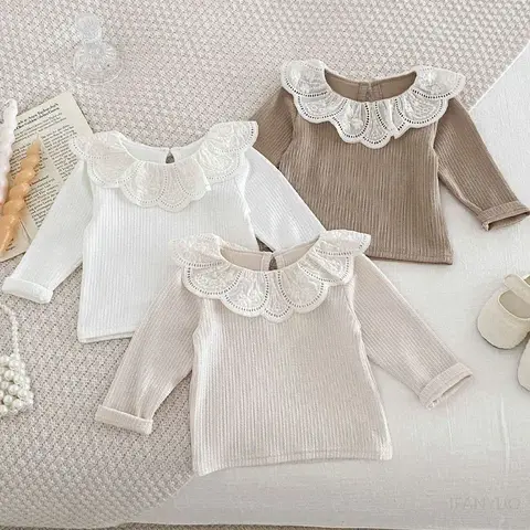 शिशु कपड़े शरद ऋतु शिशु लड़कियों लंबी आस्तीन टी शर्ट फीता कमल कॉलर राजकुमारी बच्चों रिब्ड नीचे शर्ट बच्चा कपास टॉप 10 best sales बच्ची का टॉप - №8