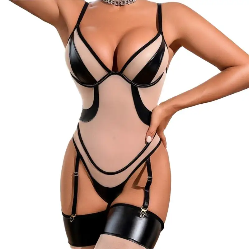 

Sexy Mesh Garter Belt Lingerie Set Women See Through with PU Leather Push Up Bra Stocking Erotic Costumes Sexi Outfits