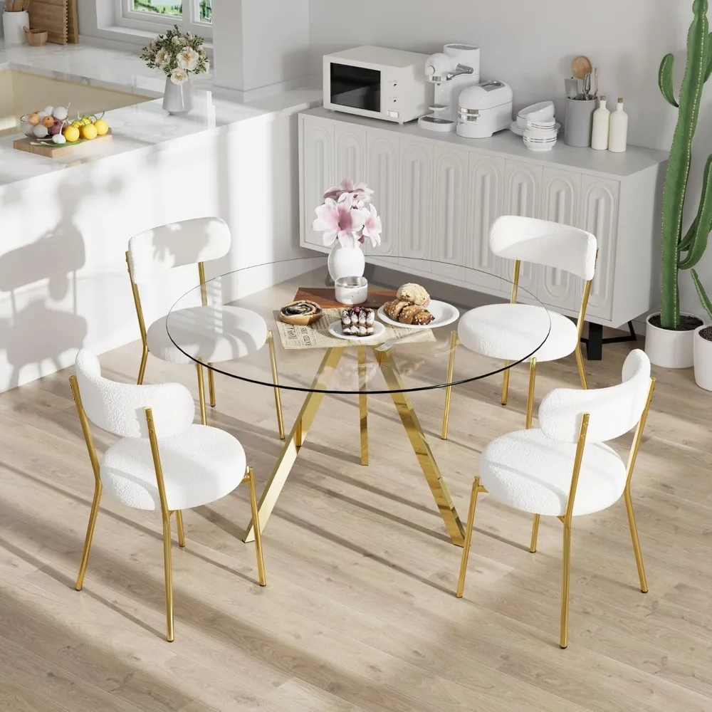 طاولة طعام مستديرة تتسع لـ 4، 39 بوصة، طاولة طعام زجاجية حديثة، طاولة قهوة ترفيهية، طاولة عشاء دائرية للمطبخ، مساحة توفير (ذهبي) #5
