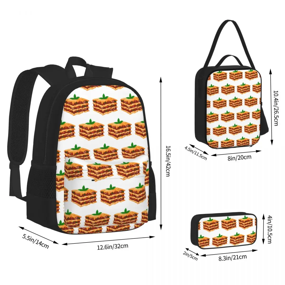 Italian Lasagna Backpacks Students Bookbag School Bags Rucksack Lunch Bag Pen Bag Three-Piece Set