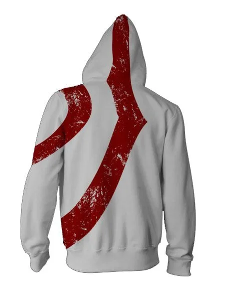 معطف God Of War Spartan CS Anime ثلاثي الأبعاد بطباعة رقمية وسحاب وغطاء للرأس باللون الأبيض