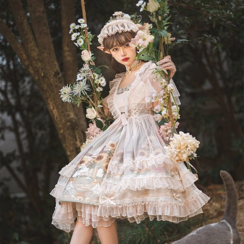 Sunflower Story Jsk Sling Dress Two Piece Daily Fresh Lolita Skirt Set Harujuku Goth Gothic Lolita Bunny