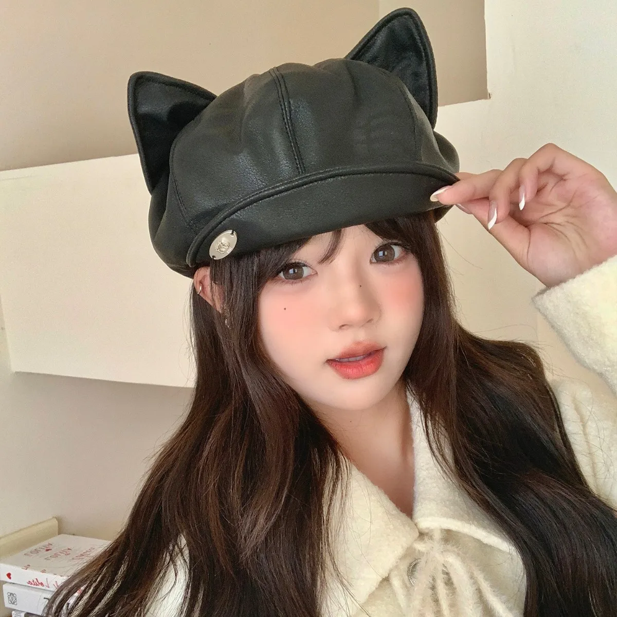 Милый мультяшный берет с кошачьими ушками, берет из искусственной кожи в форме хлеба, детский маленький художественный показ, маленькая шляпа художника с облаком, 4m789