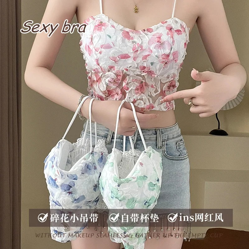 Floral Strap Lace Tube Top Breathable Push up Thin and Comfortable Inner Wear Underwired Padded Outer Wear Wrapped Chest Ladies