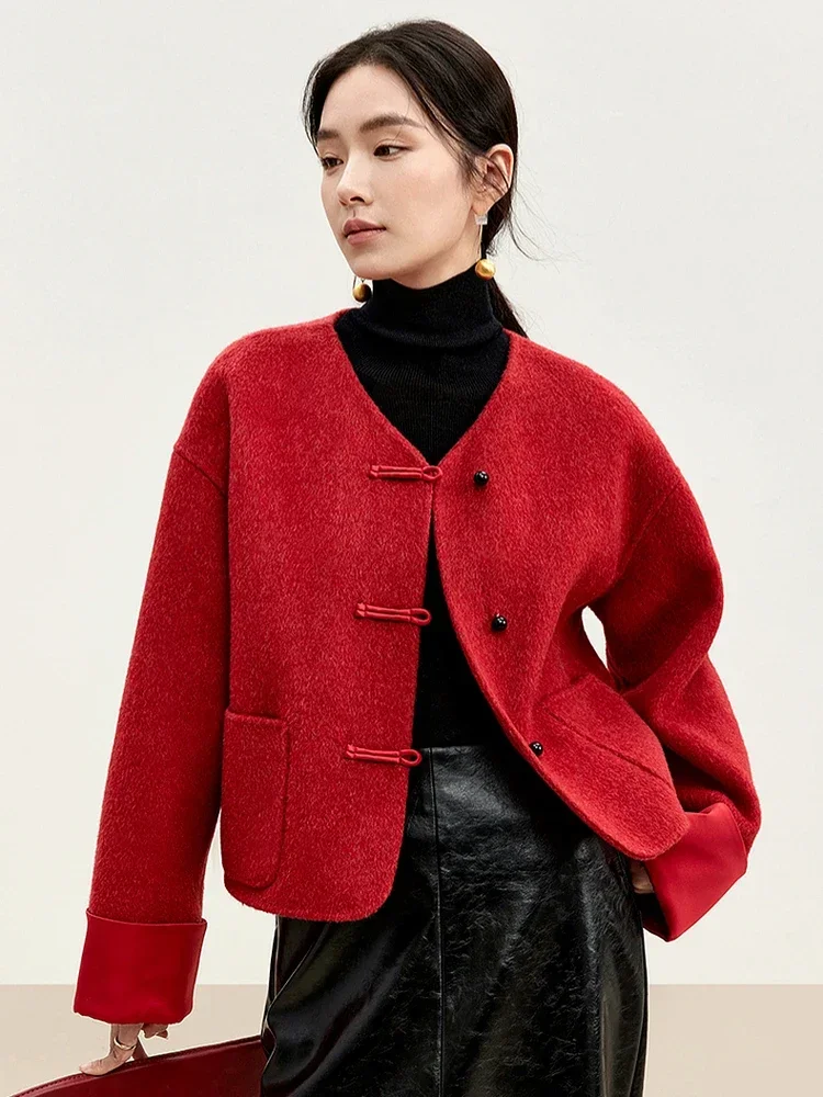 SENTUBILA Red 100% Wool Coat For Women 2024 New Chinese Style Straight V Neck Single Breasted Winter Coat Female W44O56127