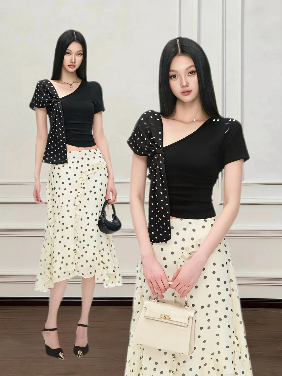 

Elegant Short Sleeve T-Shirt And Half Skirt Set with Bow Design Pure Color Slim Fit Summer Fashion for Young Women in Their 20s