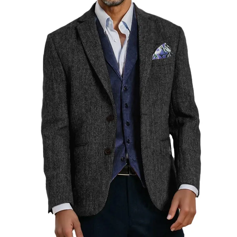ブラウンヘリンボーンツイードカジュアルメンズスーツ 冬の結婚式用グルームズマンタキシード男性用セットジャケット 2025年新作ファッション