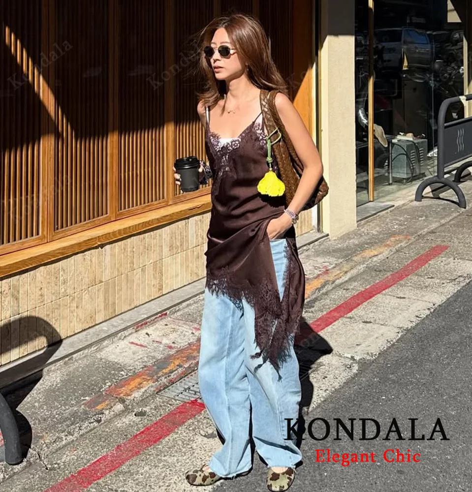 KONDALA Women Elegant Lace Y2K Dress Satin Asymmetrical Halter Mini Dress 2025 Fashion High Street Party Romantic Lady Dress
