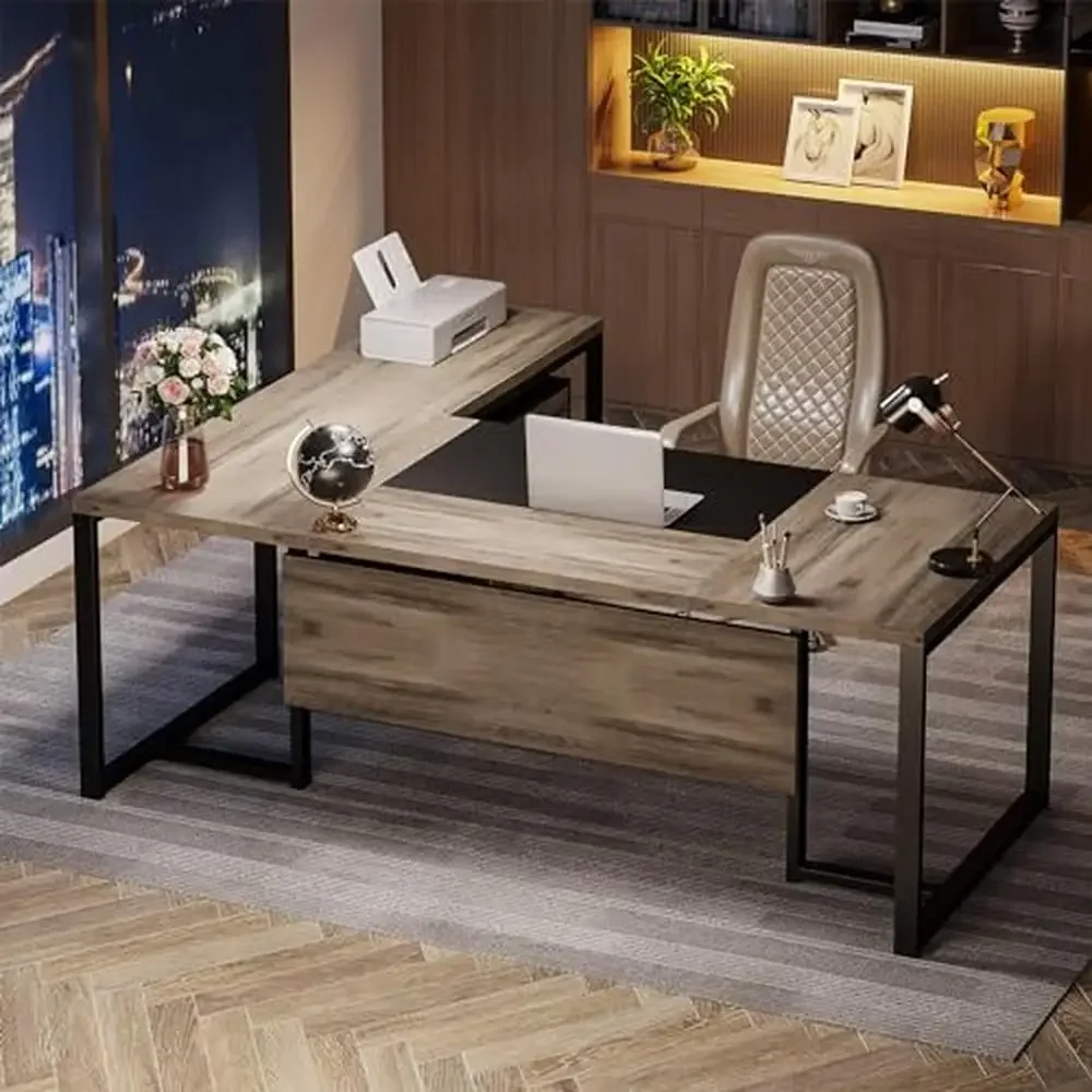 L-Shaped Executive Desk with Mobile File Cabinet Modern Office Furniture Corner Workstation