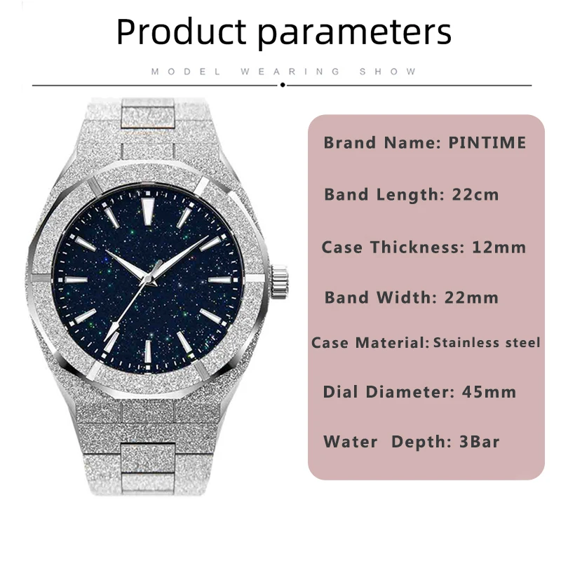 New Matte Star Dust Dial Watch Full Stainless Steel Strap High Quality Luxury Frosted Japanese Miyota Quartz Watch For Men