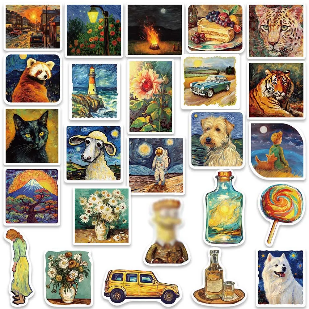 50pcs Van Gogh Style World Art Aesthetic Stickers Retro Vinyl Cartoon Decal for Laptop Scrapbook Notebook Case Decor Wholesale