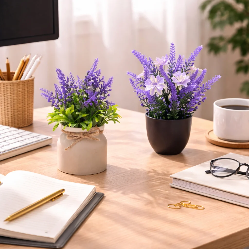 2 Stück Künstliche Lavendelpflanzen im Topf, Mini Plastik-Gänseblümchen, Künstliche Blumen-Bonsai für Innenräume, Schreibtisch, Schlafzimmer, Regal, Büro, Heimdekoration – Detail 1
