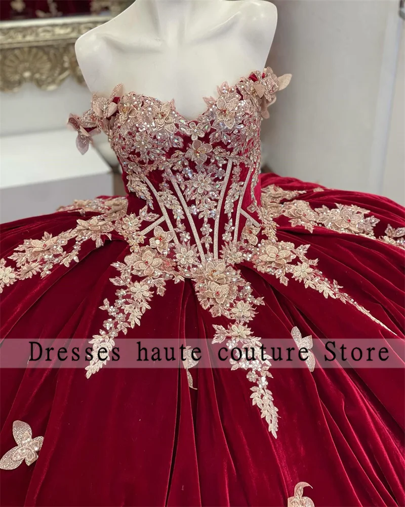 Luxury Burgundy Velvet Gold Appliques Princess Quinceanera Dresses 2024 Sparkly With Cape Crystal Corset Sweet 16 Dress