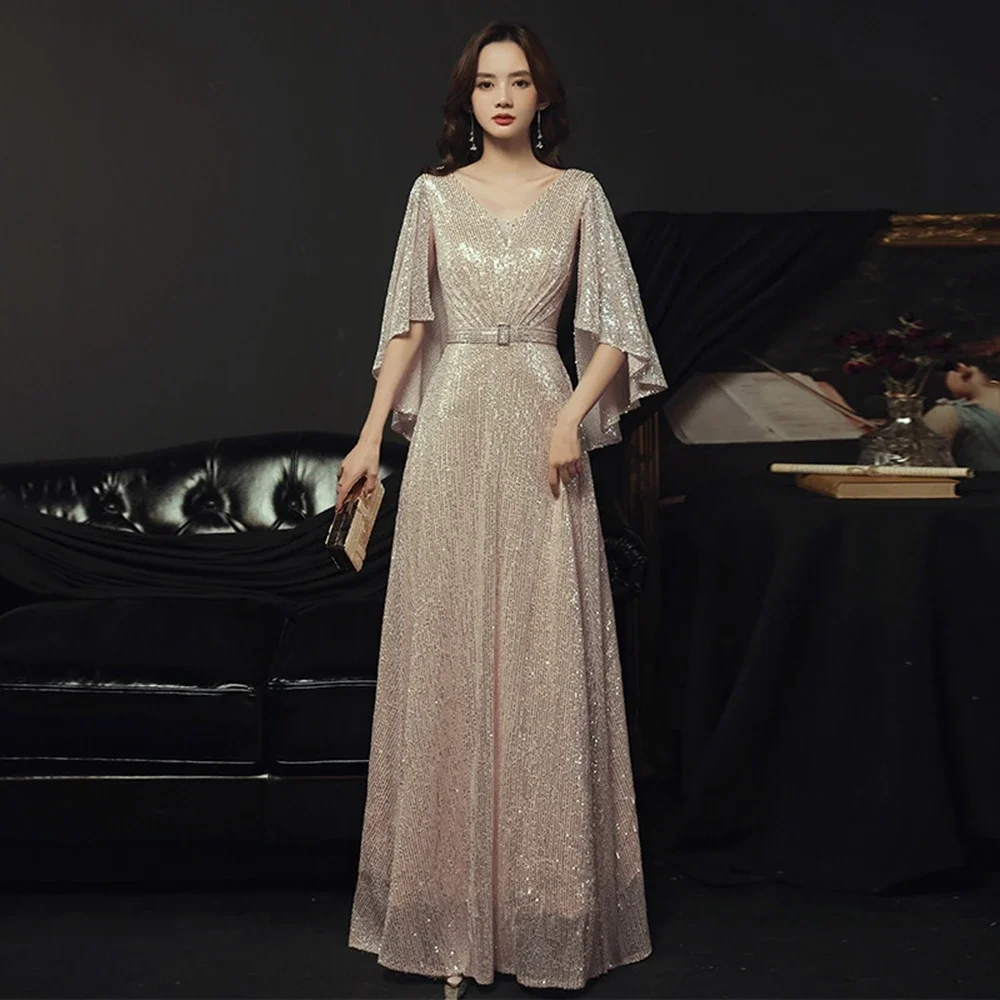 Luxury V-Neck Evening Dress 2024 New Women Elegant Solid Color Sequin A-line Evening Dresses Party Prom Dress