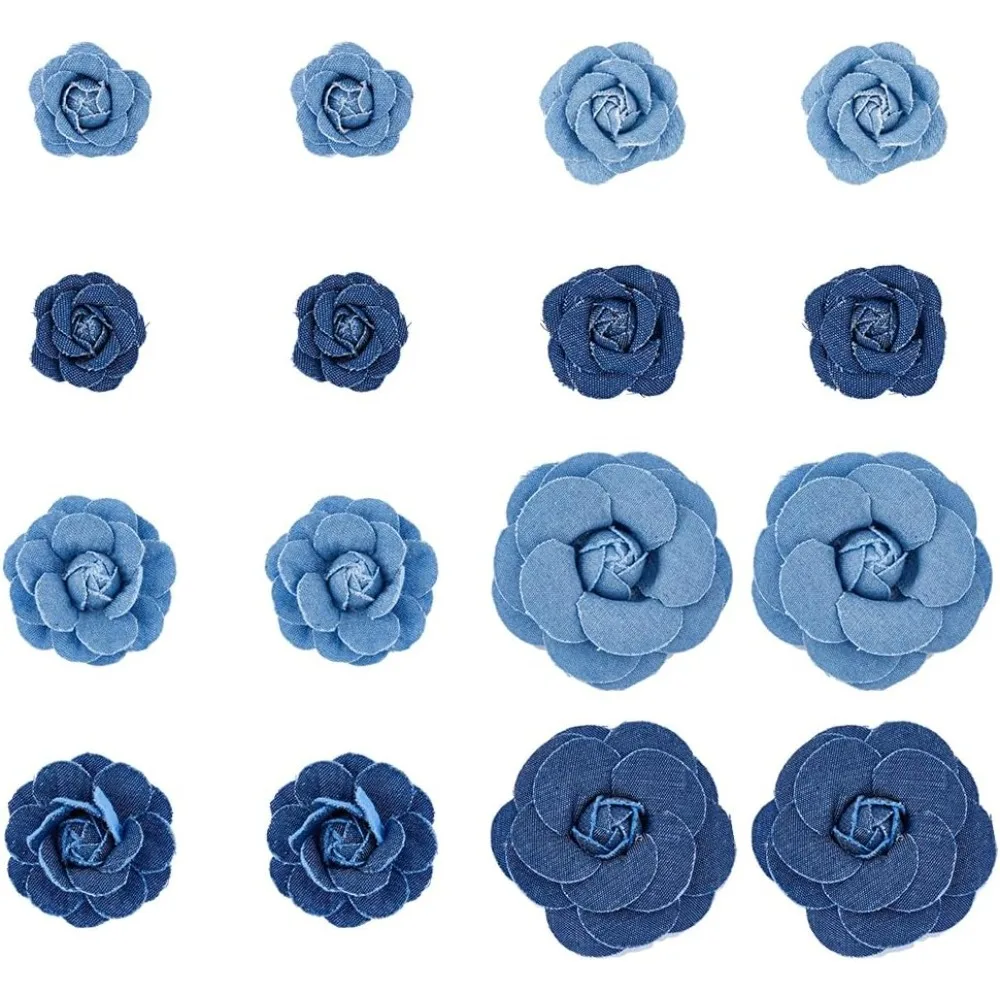

16Pcs Fabric Flower Blue Denim Cloth Flowers 8 Style Camelia Sewing Flowers for Clothes Hairclips Decoration DIY Costume