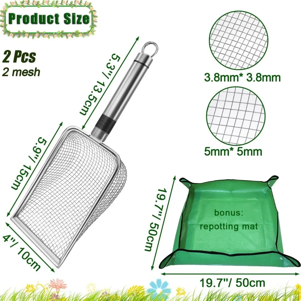 Soil Sifter for Gardening, Soil Sieve Compost Sifter with Repotting Mat, 3.8/5mm Mesh Sieve, Garden Sifter Shovel for Rocks