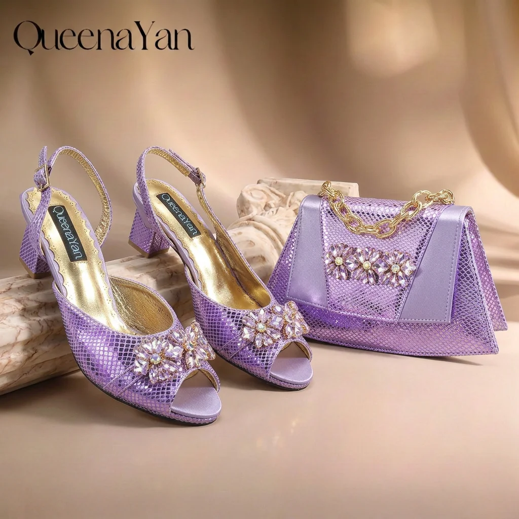 New Elegant 2026 Lilac Peep Toe Women Heels with Diamond Accents - Italian Design Matching Pumps and Bag Set for Parties