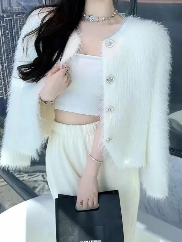 Weiße Nerz gestrickte offene Strickjacke Damen Winter New ort Loose High-End Feeling Pullover Jaet Trendy Ci Walk Commute Sle