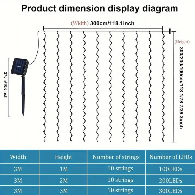 Solar-Powered LED Curtain String Lights Outdoor Waterproof Copper Wire Fairy Light for Wedding Party Garden Yard Christmas Deco