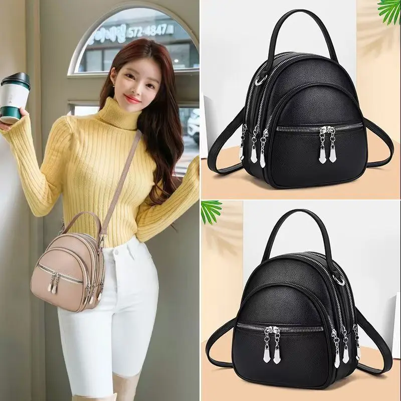 Ein hochwertiger multifunktionaler kleiner Rucksack für Damen, eine neue Mini-Handtasche in Uni-Farbe, im lässigen Schulstil. – Detail 1