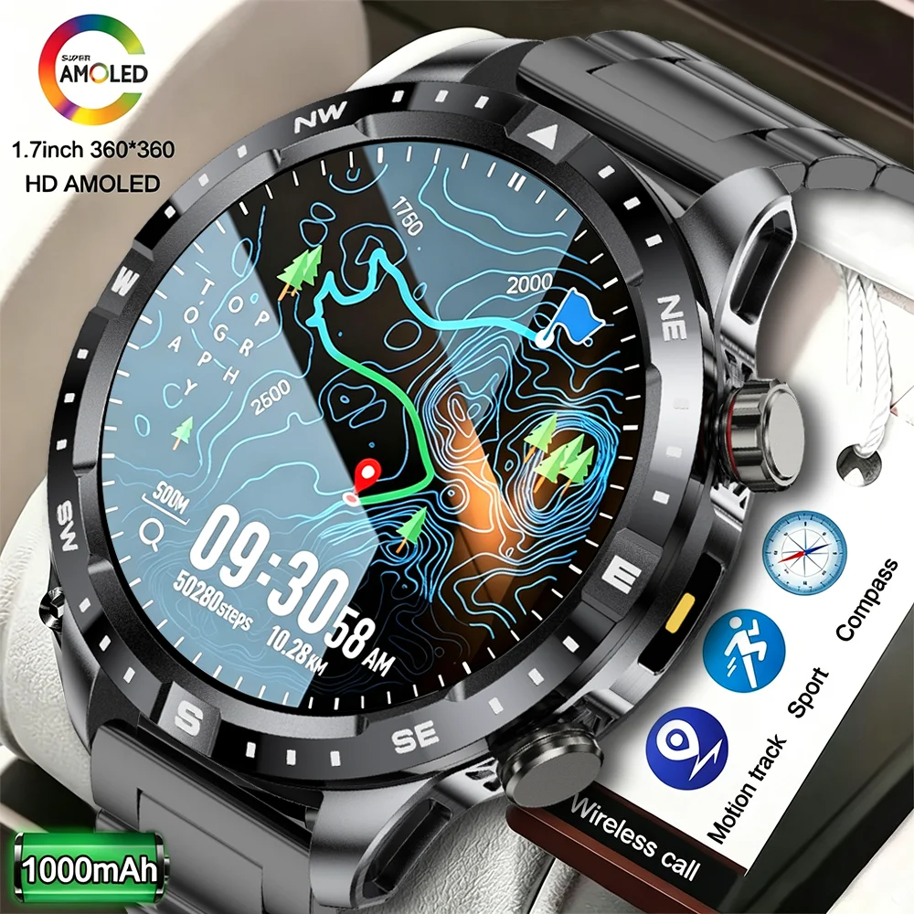 2026년 신형 군용 등급 GPS 스마트워치 듀얼 밴드 1.7인치 AMOLED 10ATM 방수 1000mAh 대용량 배터리 나침반 고도계 기압계