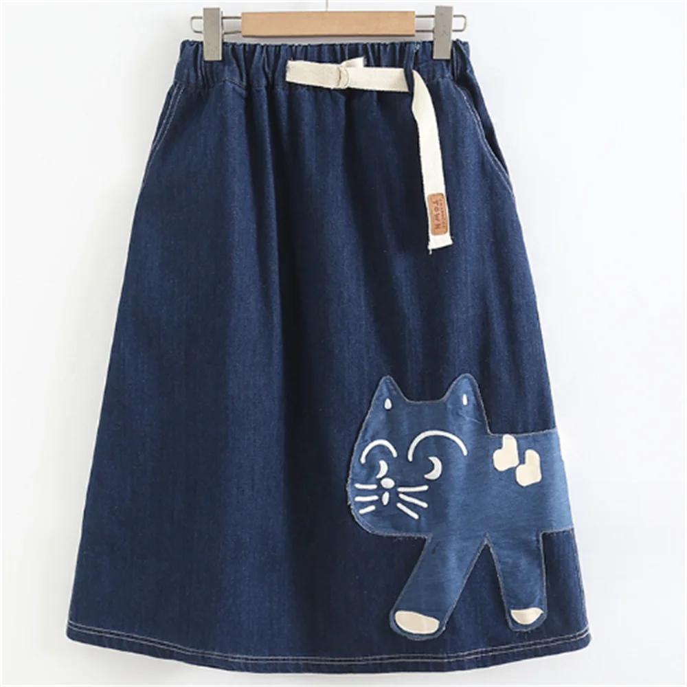 

Cat paste embroidered denim skirt stretch waist a line blue long skirt women