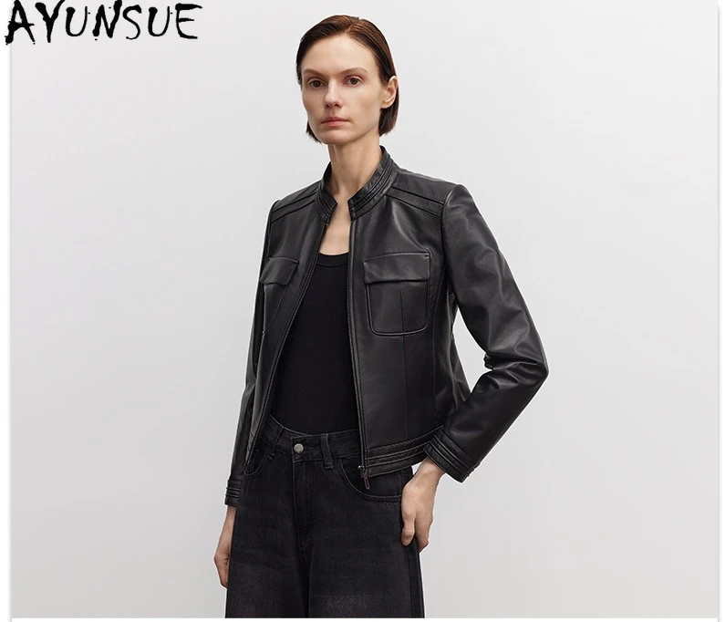 AYUNSUE リアルレザージャケット女性バイクコート天然シープスキン新ジャケット女性春秋服 Косуха Женская