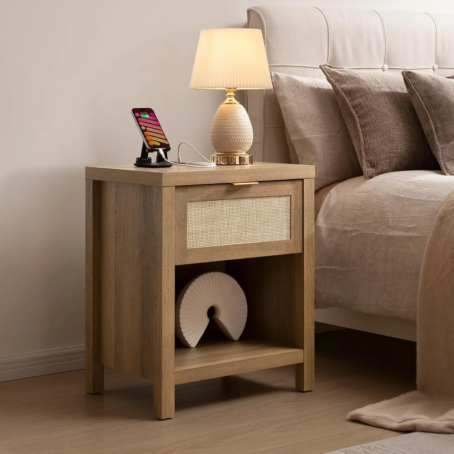 Rattan Nightstand with Charging Station USB-C Ports Bedside Table Drawer Open Shelf Bedroom Small Space Oak, Customized