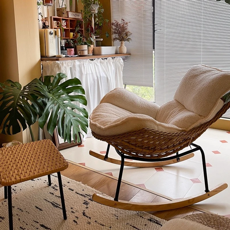 Woven Rattan Rocking Chair for Balcony Lazy Sofa with Comfortable Cushion Leisure Swivel Chairs