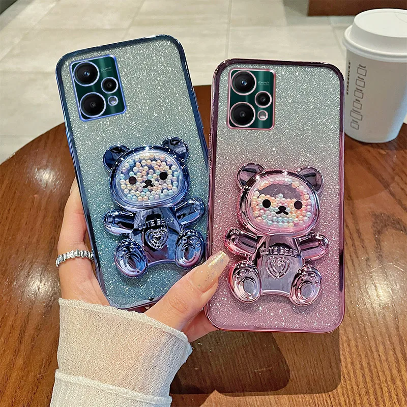 For Realme 9 Pro Case Soft Silicone Bling Electroplated TPU Cell Phone Casing For RMX3471 RMX3472 Back Cover Cute Bear Stand