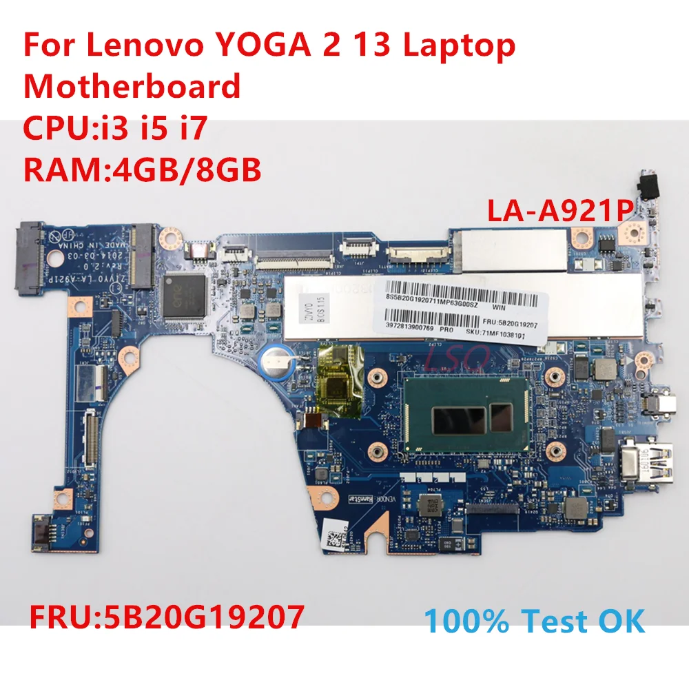 

LA-A921P Motherboard For Lenovo YOGA 2 13 Laptop Motherboard With CPU:i3 i5 i7 FRU:5B20G19207 100% Test OK