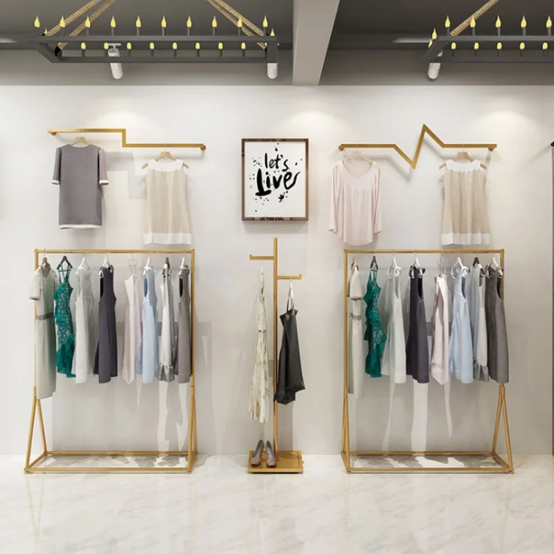 Custom, women garment store interior decoration gold stainless steel retail clothing shop racking display stand