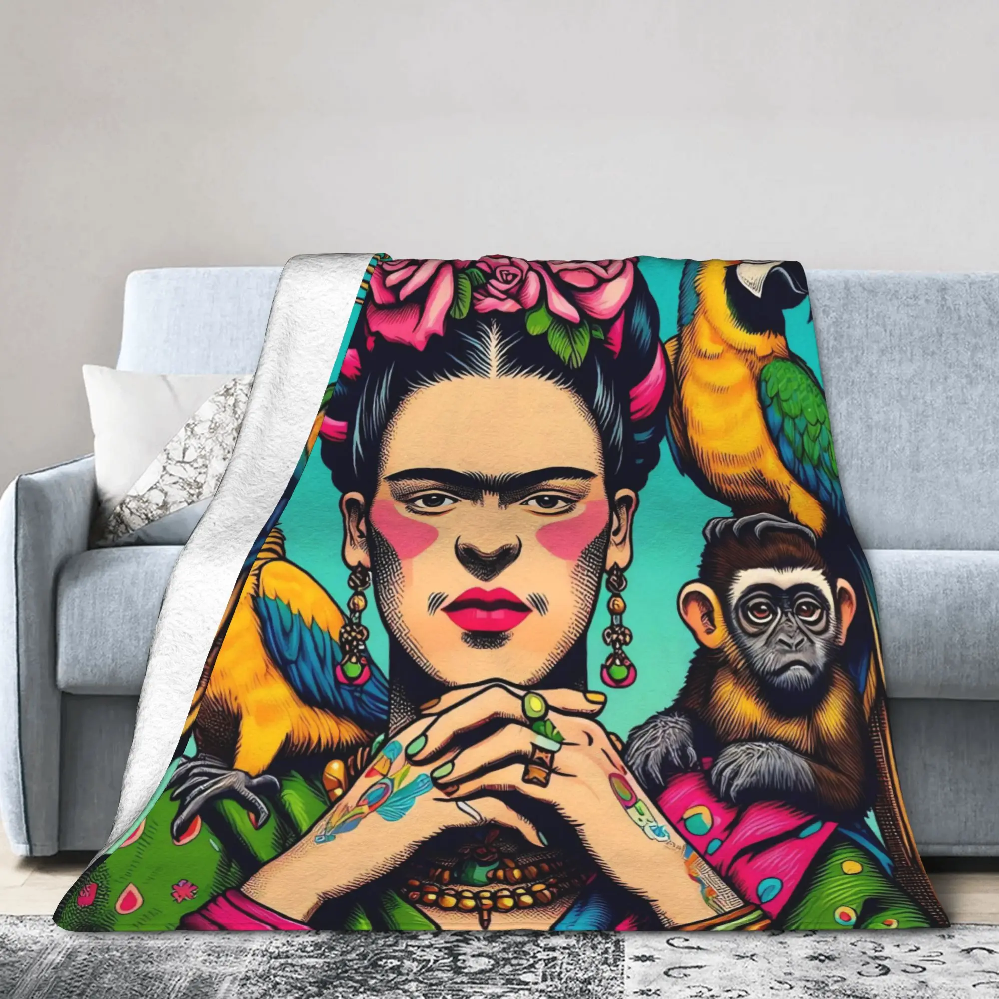 F-Frida K-Kahlo Flower Print Flannel Blanket  Warm Throw Blanket for Living Room Picnic Novelty Bedspread Sofa Bed Cover