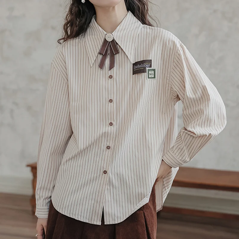 Women's Melad Apricot Striped Shirt Collar Long Sleeve Bow Y2K Korean Harajuku High Street Office College Retro Shirt Clothing