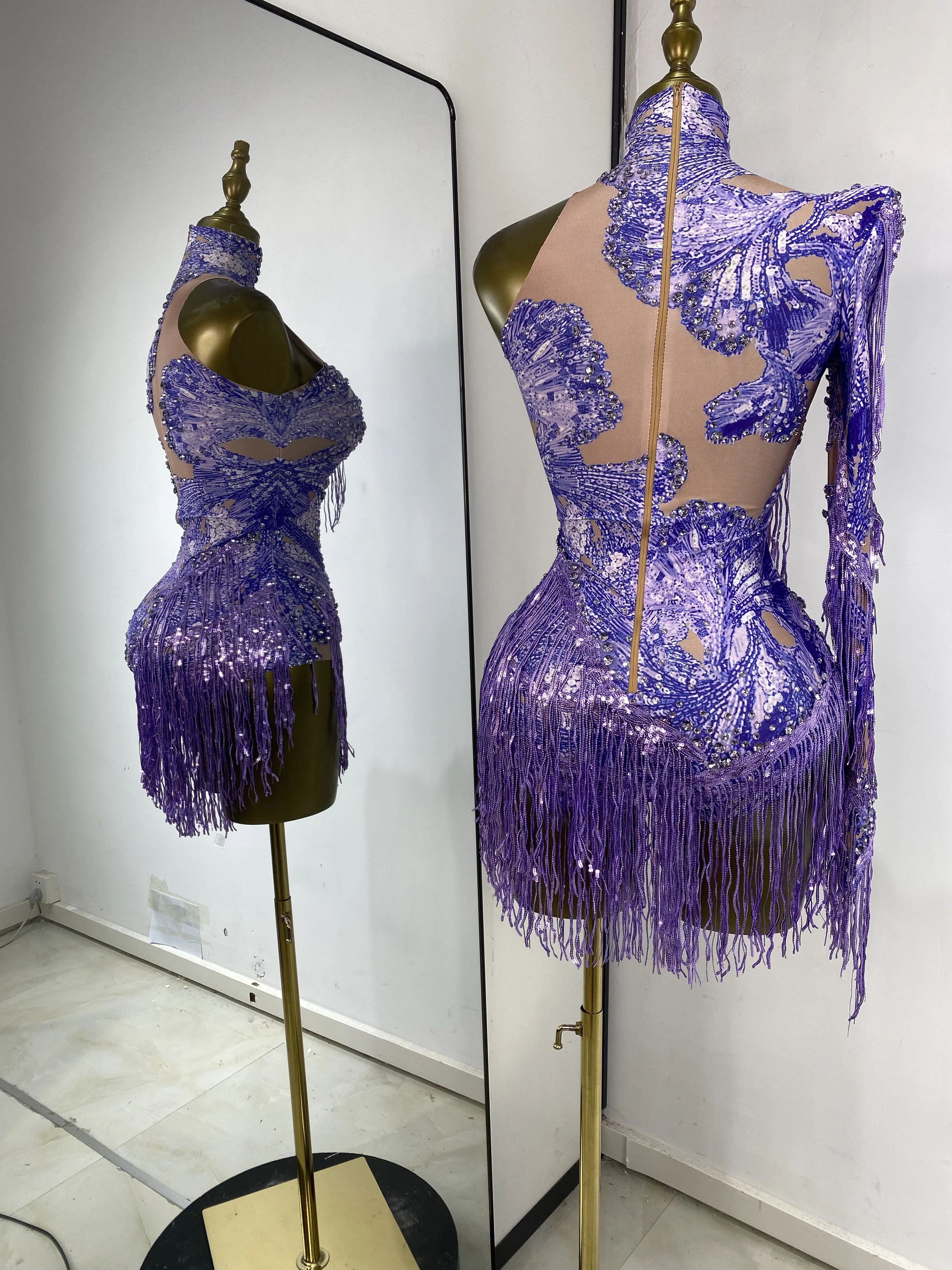 فستان رقص رياضي سباركلي كم فردي مرصع بأحجار الراين ترتر شرابة مطاطية من الألياف اللدنة فستان قاعة الرقص المنافسة يوتار #5