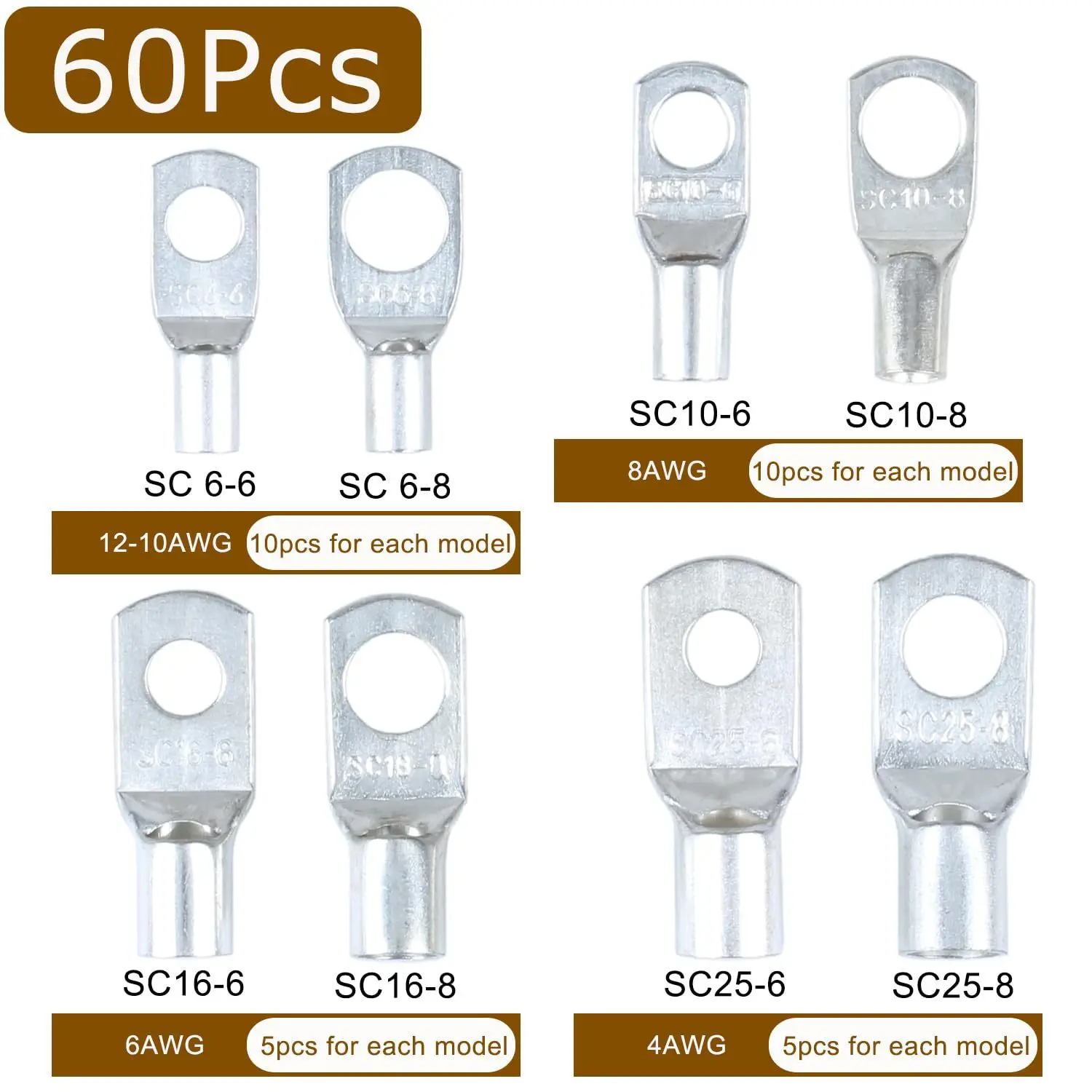 60Pcs SC Series Bare Copper Lugs, Silver Cable Crimp Terminals, Copper Wire Connectors Assortment Kit