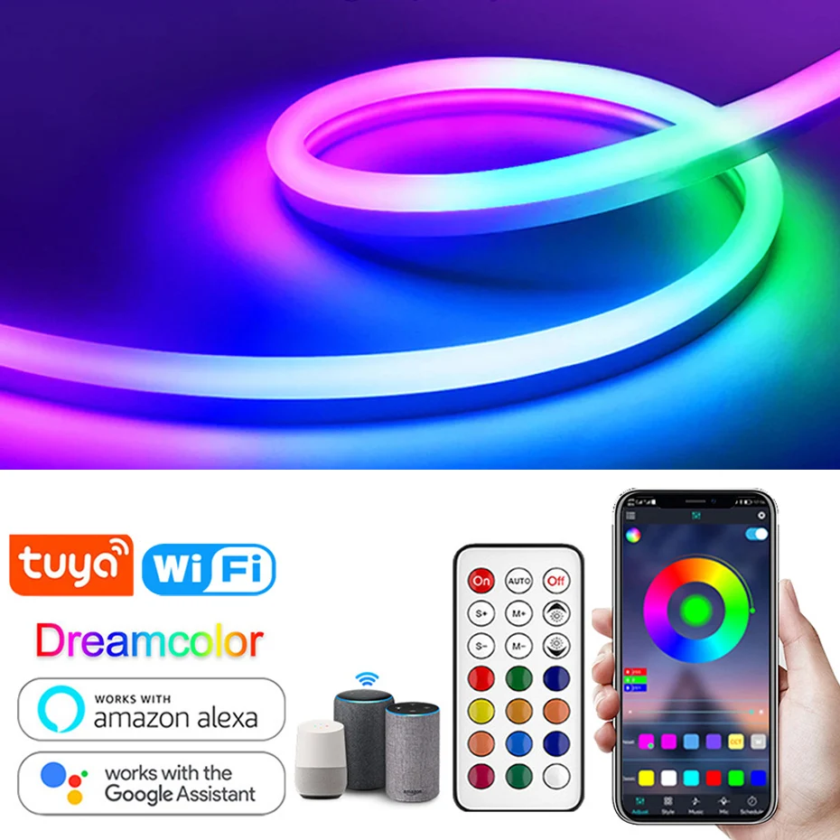 Tuya Smart LED Neon Rope Lights RGBIC DC12V WiFi/Bluetooth/Remote Control RGB Chasing Strip Tape Waterproof Outdoor Lighting