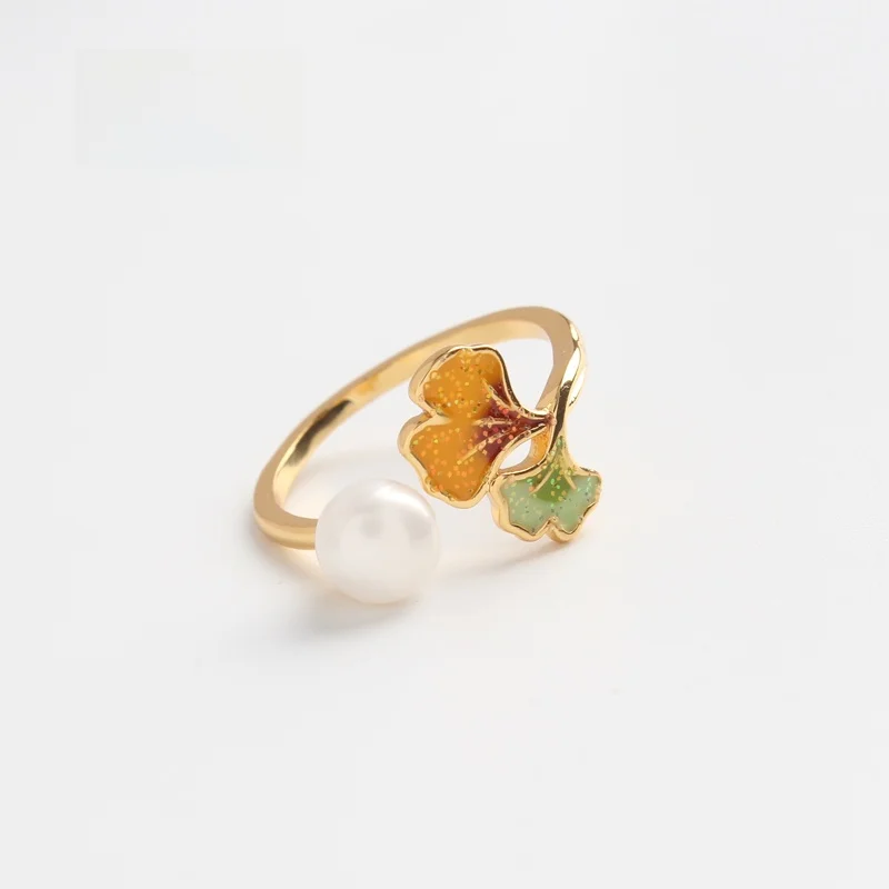 

Sumni 18K Gold Plated Enamel Drip Leaf Silver Maple Leaf Ring Open Style Women's Fashion Jewelry out New Summer