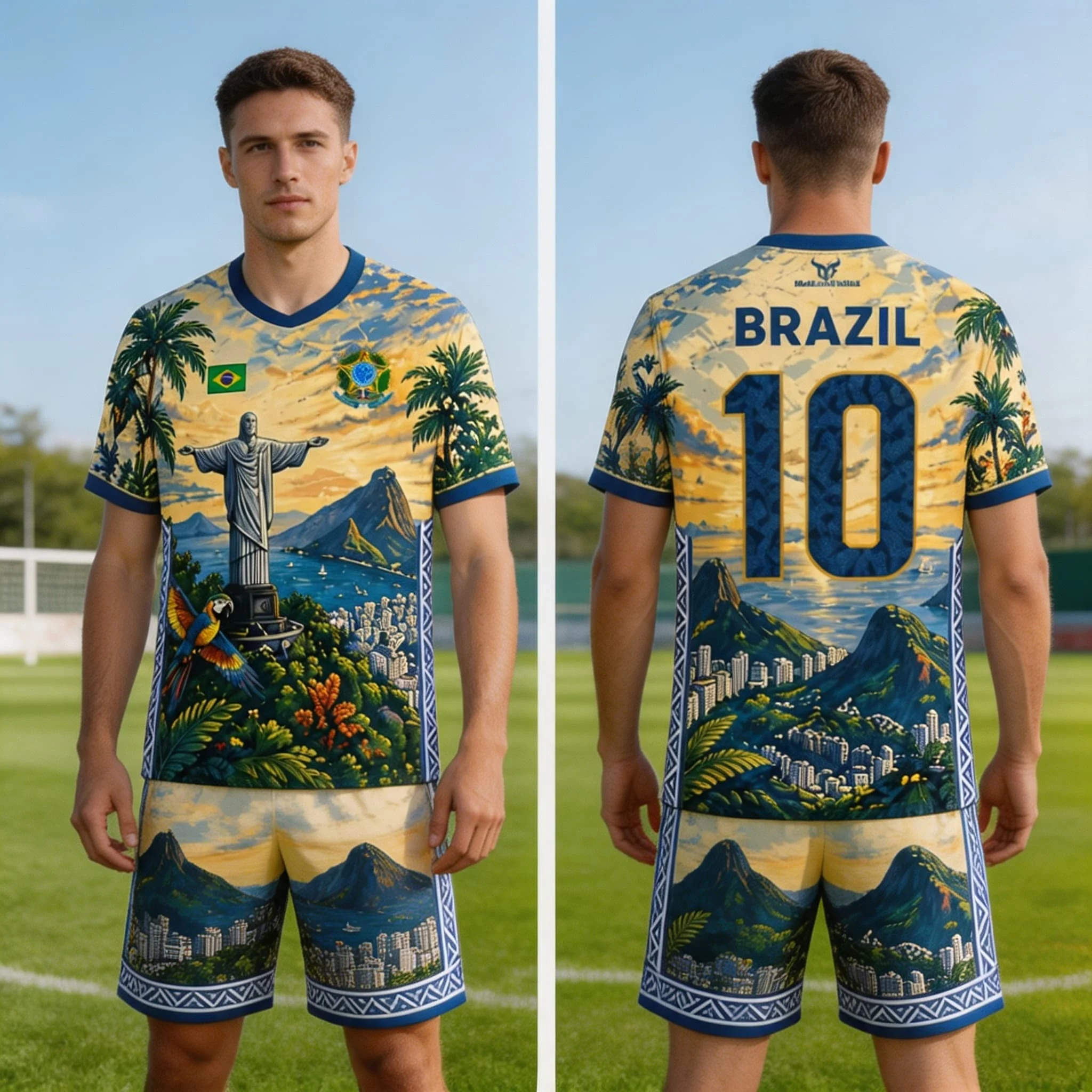 Brazil Style Flag Printed Jesus Graphic Football Women's Suit Tshirt Shorts Unisex Short Sleeve Quick Drying Men's T Shirt Set view 6