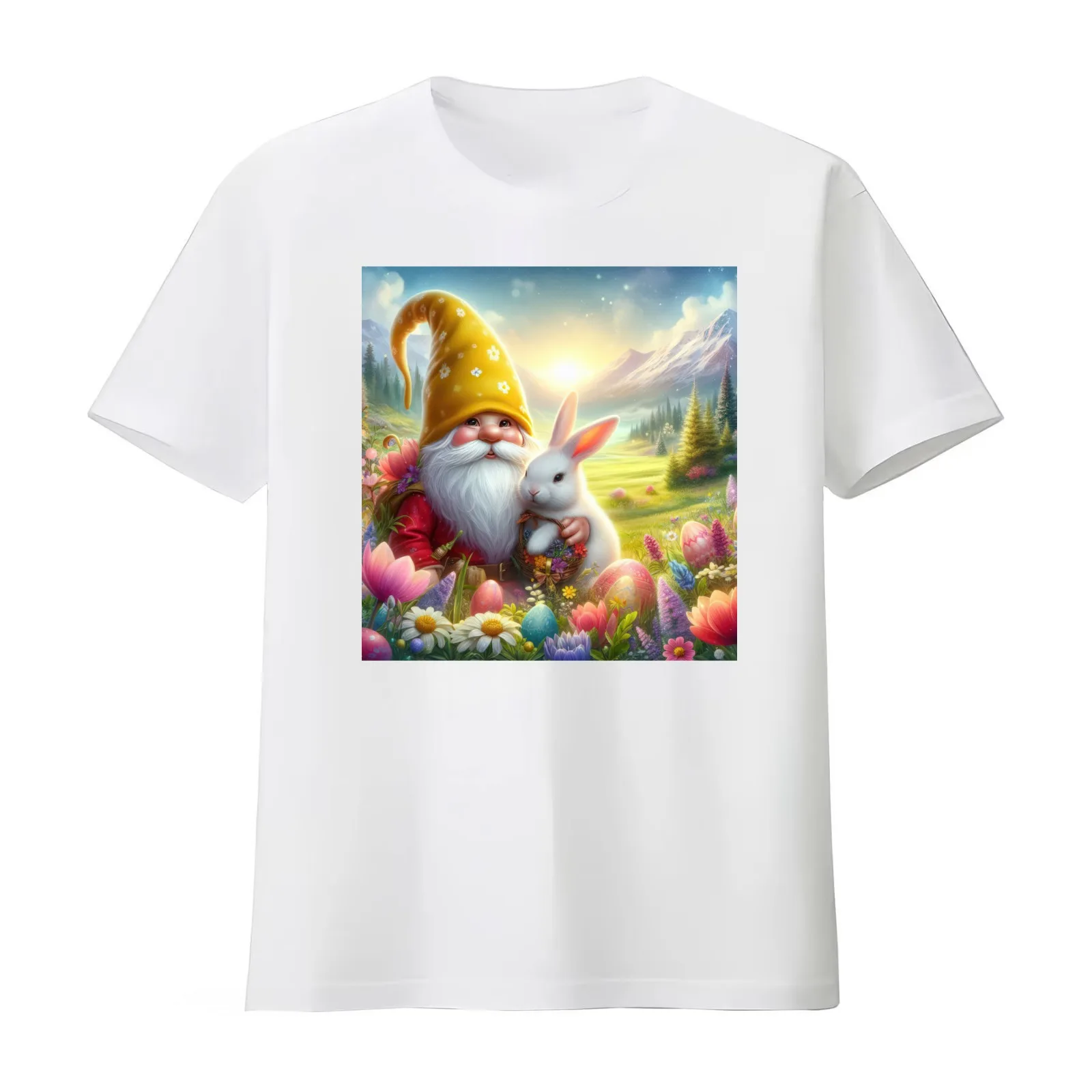 easter gnome with yellow hat with rabbit and flowers magical landscape T-Shirt Summer Casual Cotton Tee Vintage Graphic Print
